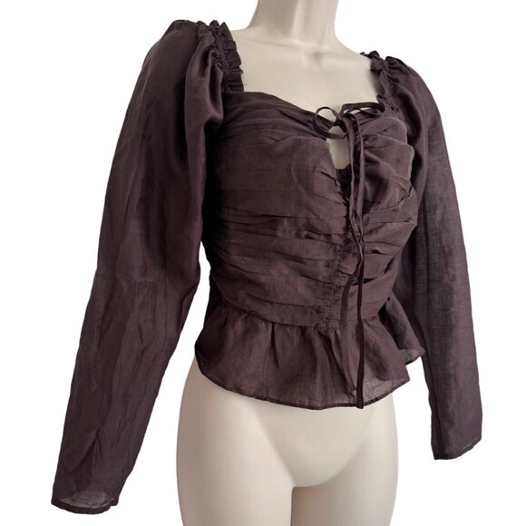 Wayf Cropped Brown Blouse Rushed Lined bodice Size Medium Long Sleeve NWT - Picture 4 of 11